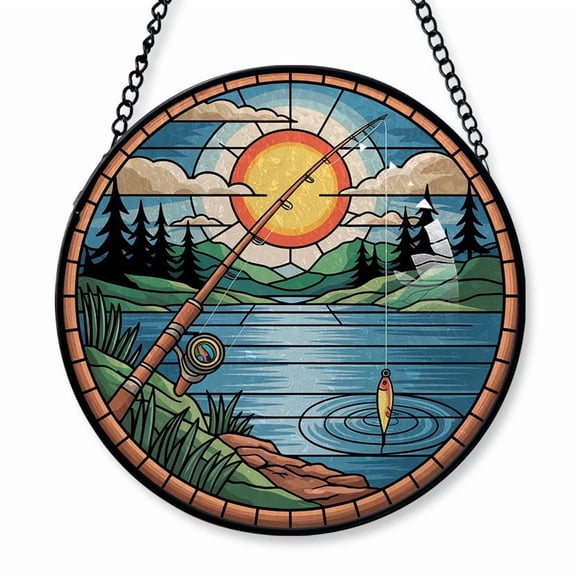 A Fishing Rod Bending Stained Glass Suncatcher Window Hanging Custom Text Christmas Window Hanging for Family & Friends, Man or Woman, Christmas 2025 Tree Decoration