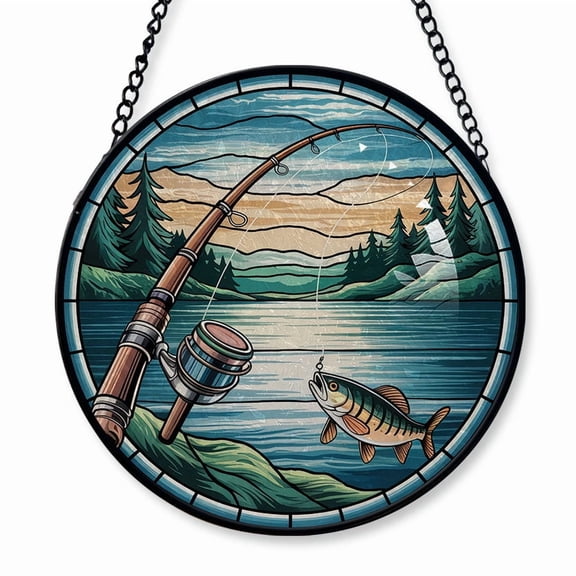 A Fishing Rod Bending Stained Glass Suncatcher Window Hanging Customizable Window Hanging for Loved Ones, Family or Friends, Christmas 2025 Holiday Tree Decoration