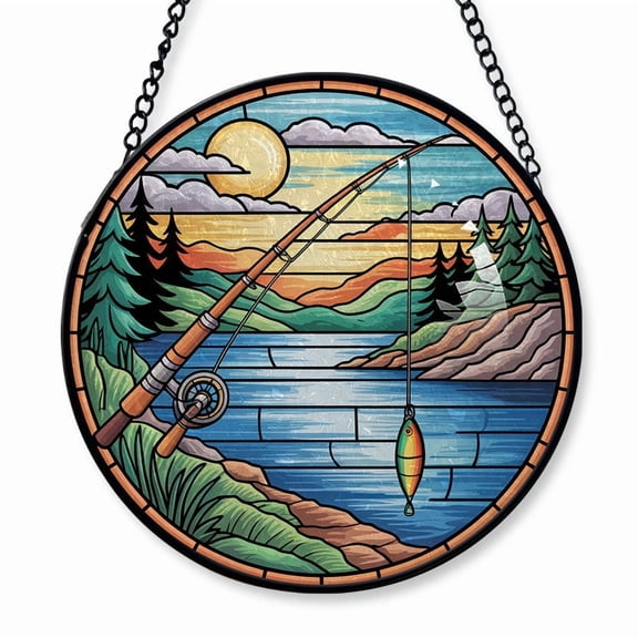 A Fishing Rod Bending Stained Glass Suncatcher Window Hanging Customizable Window Hanging for Loved Ones, Family or Friends, Christmas 2025 Holiday Tree Decoration