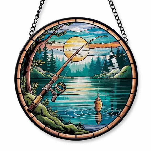 A Fishing Rod Bending Stained Glass Suncatcher Window Hanging Holiday Window Hanging Gift with Custom Text for Family, Friends, Man & Woman, Christmas 2025 Tree Keepsake
