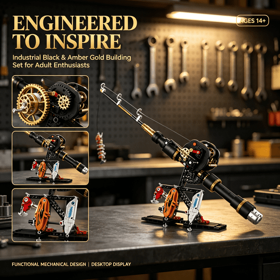 Fishing Rod Building Blocks Kit, Functional Mechanical Fishing Pole Model with Reel & Bait Accessories, STEM Construction Toy for Decor, Collection and Gifting