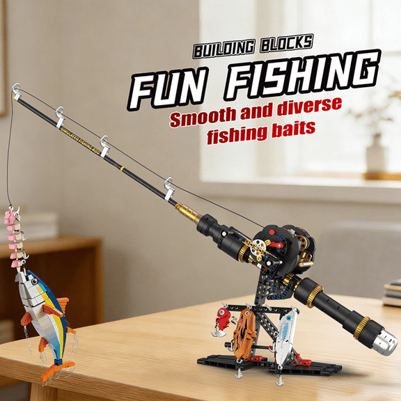 Fishing Rod Building Blocks Set with 589+ Pieces, Desktop Display Realistic Curved Rod Model for Kids & Adults Gifts