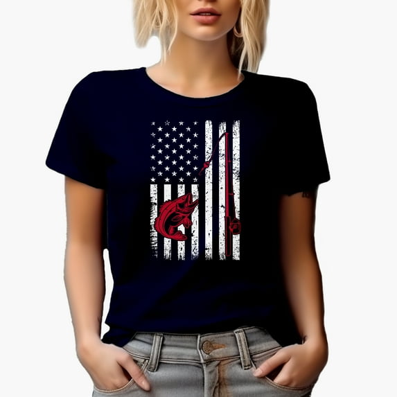 Fishing Rod, Fish and USA Flag, Fishing Enthusiast or Lover American, Navy Blue T-Shirt, 2XL