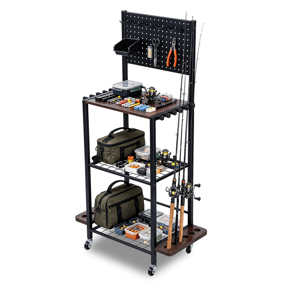 Fishing Rod Holder with Back Panel,Fishing Rod Rack & Storage Cabinet,Fishing Gear Storage Up To 12 Rods With Hooks And Wheels，Fishing Cart For Garage Home Entryway Corner Gift Ideas For Men Dad