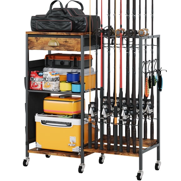 Fishing Rod Holder, Fishing Pole Holders for Garage Boat Fishing Gear Storage with Drawer and Wheels, Holds 16 fishing rods for Home Entryway Corner,Rustic Brown