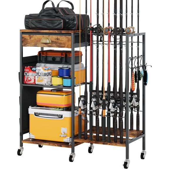 Fishing Rod Holder, Fishing Pole Holders for Garage Boat Fishing Gear Storage with Drawer and Wheels, Holds 16 fishing rods for Home Entryway Corner,