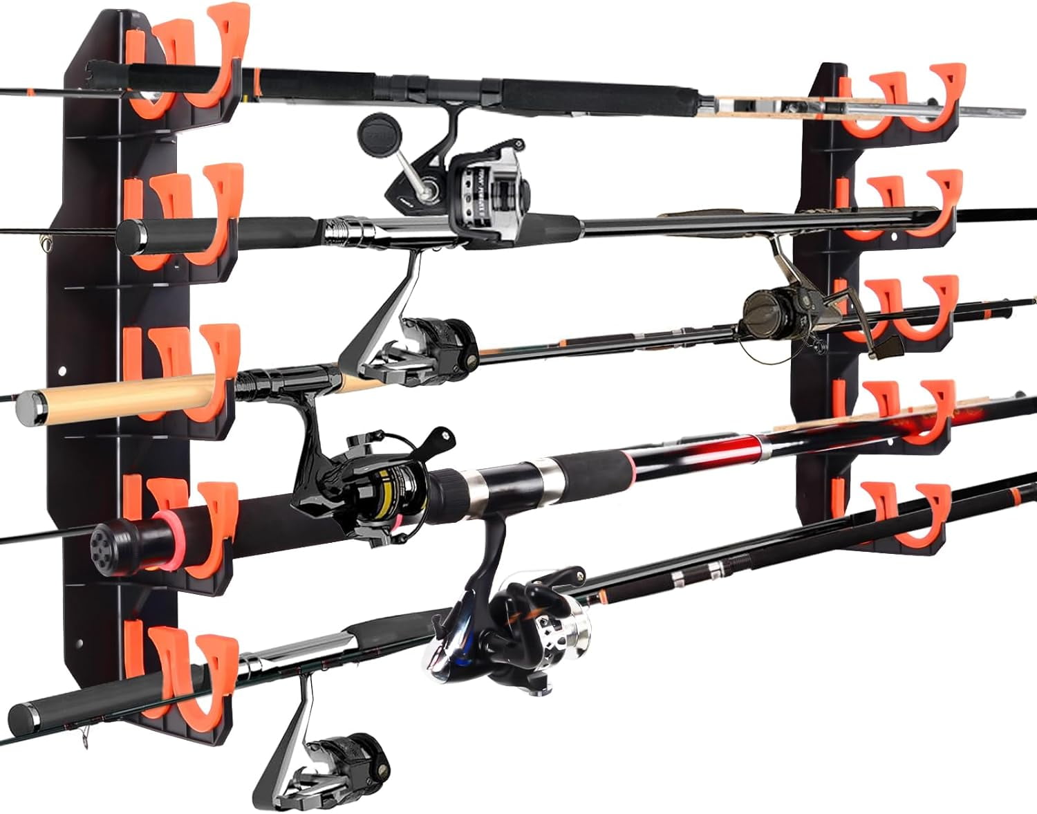 Fishing Rod Holders, Fishing Pole Holders for Garage, Wall or Ceiling Mounted Fishing Rod Rack Holds Up to 10 Rods（Orange 1 Pack）