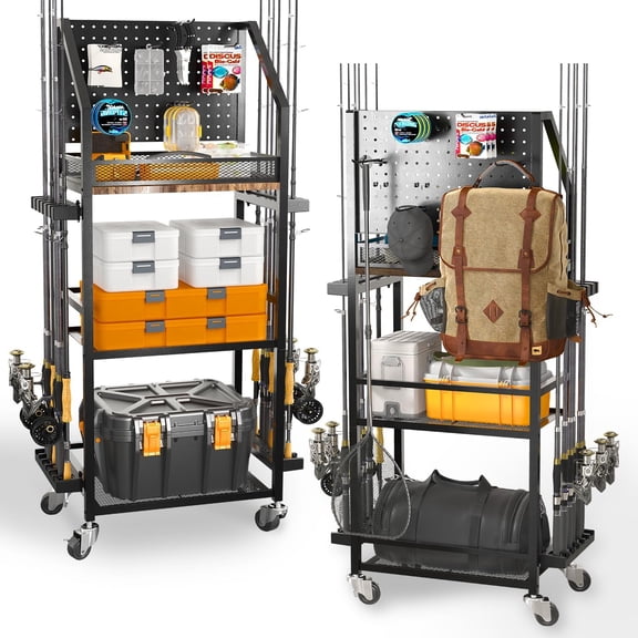 Fishing Rod Holders for Garage, 3-Tier Fishing Pole Rack with Pegboard and Metal Mesh Fence, Fishing Gear Organizer with Hooks Up to 12 Rods, Rolling Fishing Storage Cart with Lockable Wheels