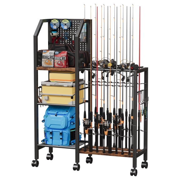 Fishing Rod Holders for Garage, Convenient Pegboard with 14 Long Utility Hooks, Fishing Rod Rack Up to 16 Rods, 3 Tier Fish Pole Stand with Fishing Reel Holders & 8 Hooks for Fishing Gear Accessories