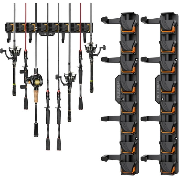 Fishing Rod Holders, Wall Mounted Fishing Rod Rack, Fishing Pole Holder Holds Up to 8 Rods or Combos, Fishing Rod Holders for Garage with 4 Hooks, Fits Most Rods of Diameter 3-24mm (Orange-2pack)
