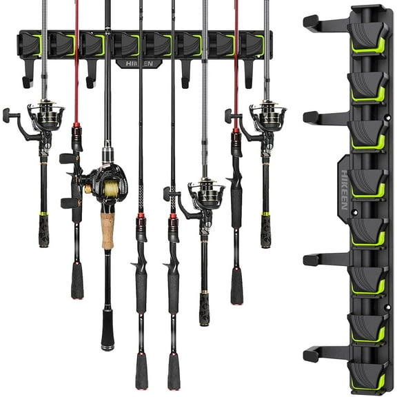 Fishing Rod Holders, Wall Mounted Fishing Rod Rack, Fishing Pole Holder Holds Up to 8 Rods or Combos, Fishing Rod Holders for Garage with 4 Hooks, Fits Most Rods of Diameter 3-24mm (Green-1pack)