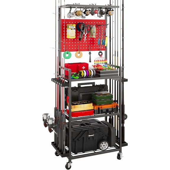 Fishing Rod Holders for Garage, Fishing Rod Storage Rack with Hooks & Wheels, Fishing Pole Holder Organizer, Tackle Box & Reel Storage Red