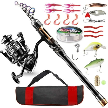 Fishing Rod Kit, Carbon Fiber Telescopic Fishing Pole and Reel Combo with Spinning Reel, Line, Lure, Hooks and Carrier Bag, Fishing Gear Set for Beginner Adults Saltwater