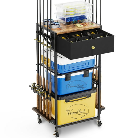 Fishing Rod Rack for Garage with wheels, 10 Rods Fishing Pole Holder, Fishing Gear and Equipment Organizers Tackle Storage Cart, Ideal Fishing Gift for Men Women