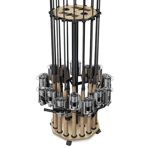 Fishing Rod Rack Natural Wood Grain 16-Rod Mobile Garage Storage Station