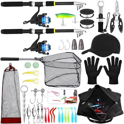Fishing Rod and Reel Combo 6.89ft Telescopic Fishing Pole Kit Collapsible with Plier Lip Gripper Lures Carrier Bag Pre-Loaded Spinning Reel for Christmas Beginner Men Travel Saltwater Freshwater