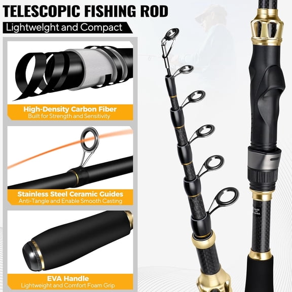 Fishing Rod and Reel Combo,Fishing Pole,Telescopic Fishing Rod Kit with Spinning Reel, Telescopic Fishing Pole with Carrier Bag for Freshwater Saltwater for Men Women