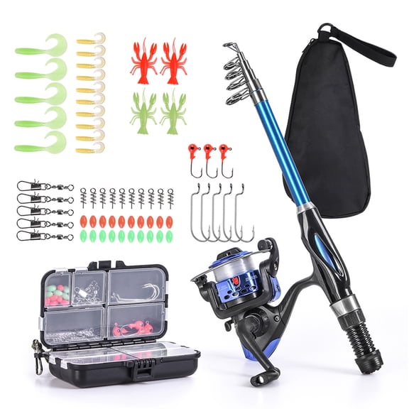 Fishing Rod Reel Combo Full Kit 1. Telescopic Fishing Rod Reel Set with Hooks Soft Lures Barrel Swivels Storage Bag
