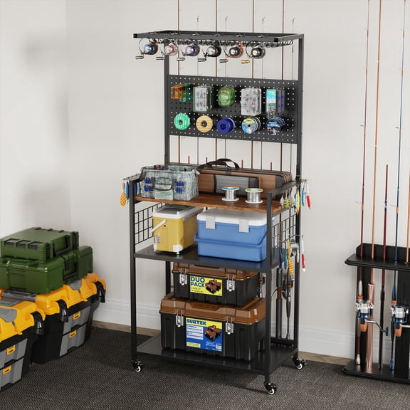 Fishing Rod Storage Rack with Pegboard, Rolling Tackle & Tool Organizer Cart, Garage Fishing Pole Holders, Multi-Tier Stand for Rods Reels Tackle Boxes Bags, Heavy Duty Metal with Lockable Wheels