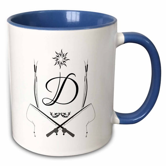 3drose, Fishing Rods, Fish, Sun, Cattail Plant. Charming Letter D, 15oz Two-tone Blue Mug
