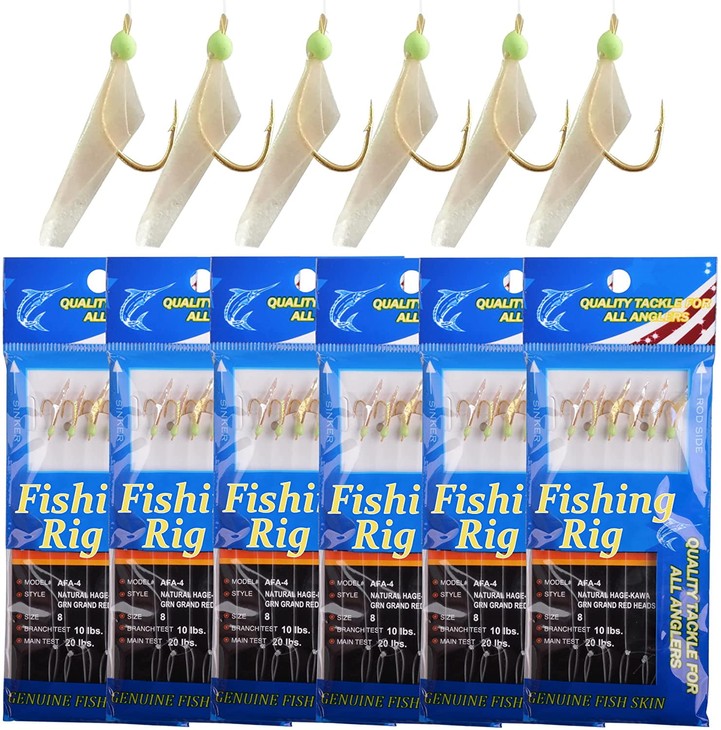 Fishing Sabiki Rigs Bait Fish Skin Rig Hooks, 6 Packs Glow Fishing Bait Rigs  with Fish Skin Size 4 6 8 