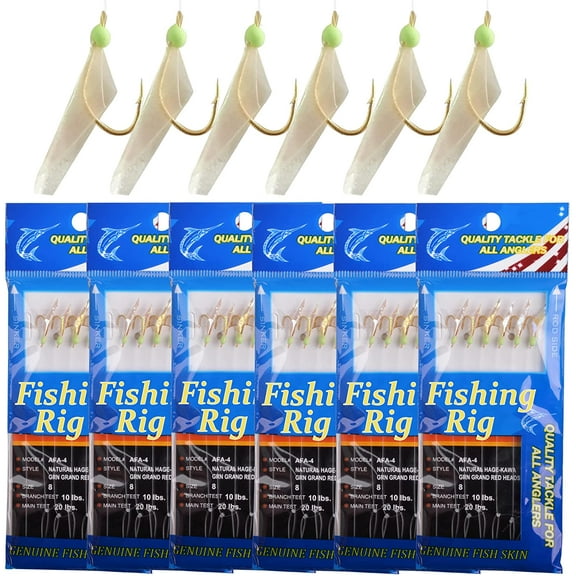 Fishing Sabiki Rigs Bait Fish Skin Rig Hooks, 6 Packs Glow Fishing Bait Rigs with Fish Skin Size 4 6 8
