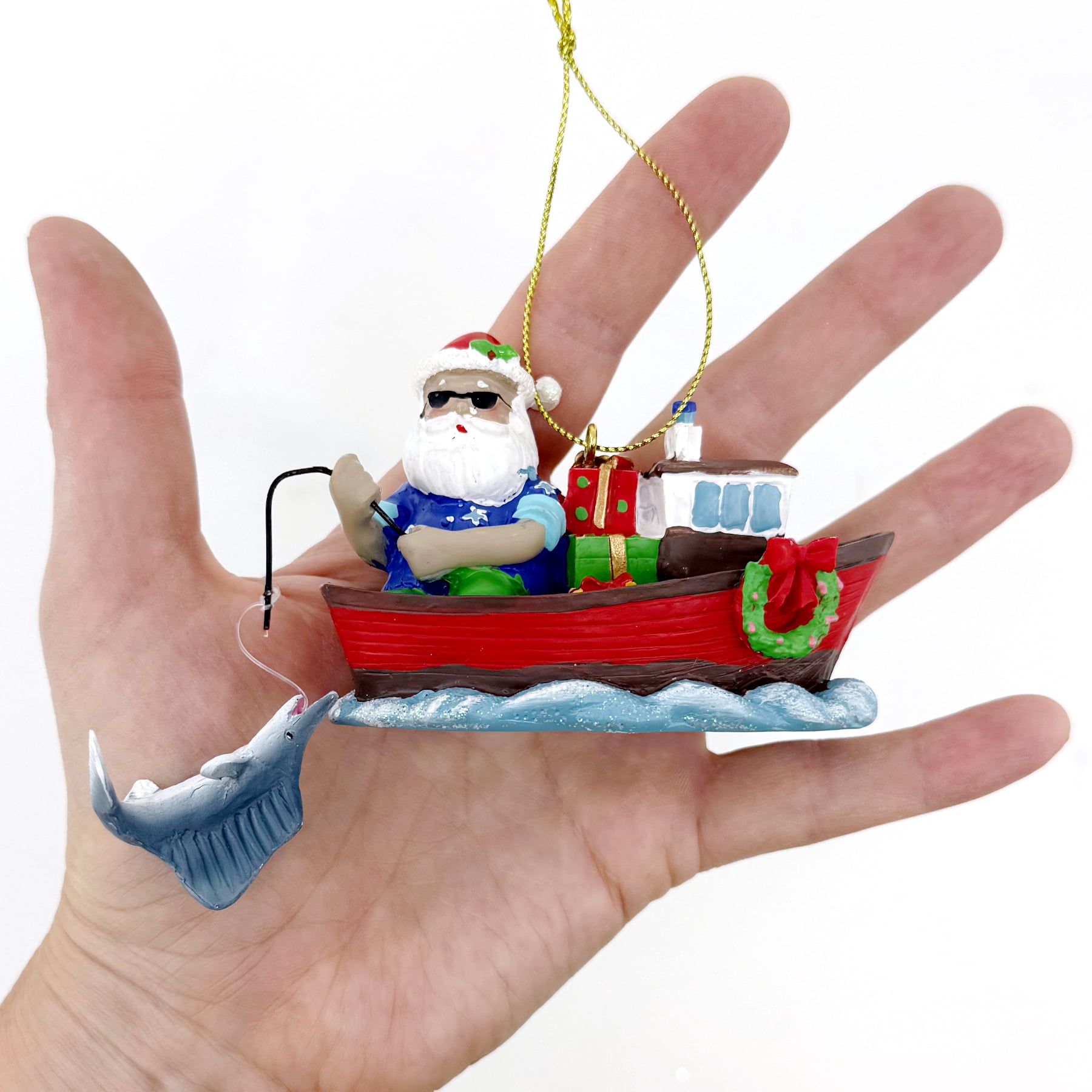 ceramic santa with fish and fishing pole Santa's Workshop 5620 Fly Figurine, Multi, 12