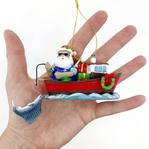 Fishing Santa Ornament - Tropical Boat Beach Coastal Christmas Tree Holiday Decoration