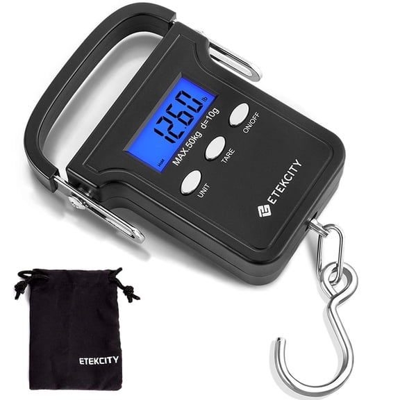 Fishing Scale with Backlit LCD Display, 110lb/50kg Digital Electronic Hanging Hook Scale with Batteries and Carry Pouch Included, Black, Non-Slip Handle