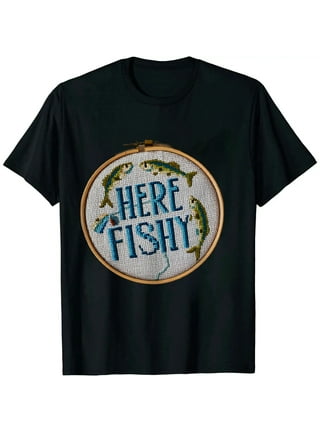 Funny Fishing T-Shirt Here Fishy Fishy Fishy Vintage Fishing-Rod