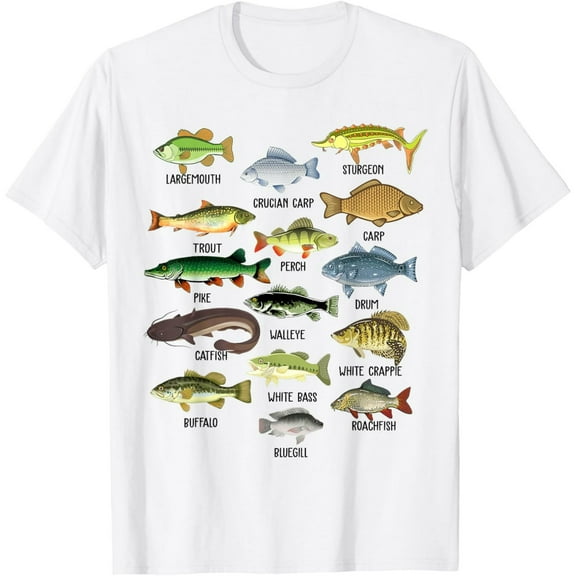 Fishing-Shirt Types Freshwater Fish Funny Bass Dad Graphic Mens T-Shirt