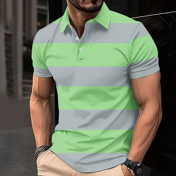 Fishing Shirts for Men Lapel Collar Shirt Men Short Sleeve Golf T-Shirt Casual Striped Printed Slim Fitting Breathable Workout Dress Tee Shirts Green L