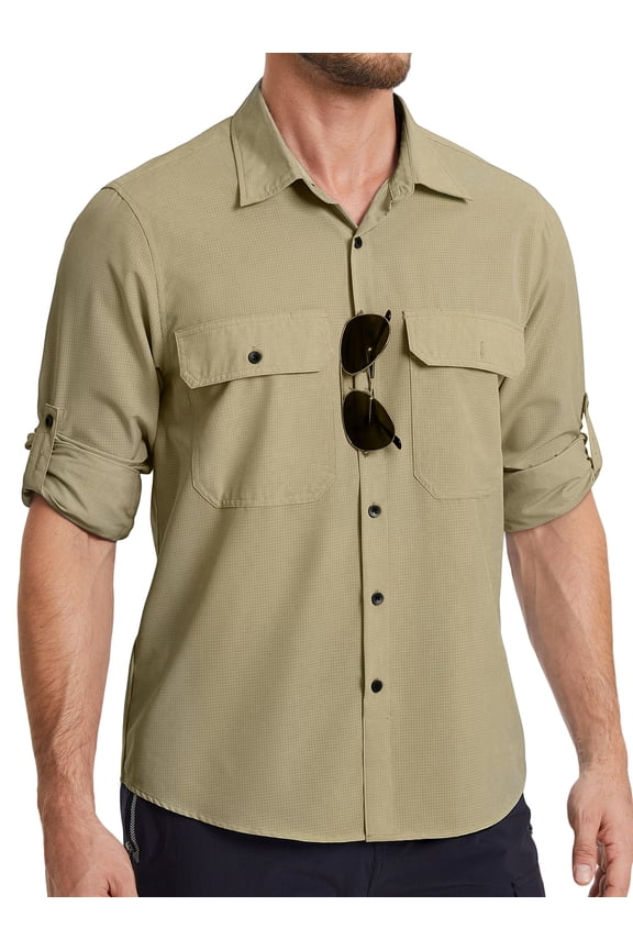 Men Fishing Shirts Long Sleeve Quick-Dry Outdoor Hiking Travel Shirt Breathable UPF50+ Button Down Shirts