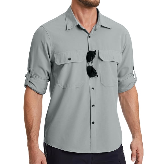 Mens Long Sleeve Fishing Shirts Lightweight Hiking Shirts UPF 50  UV Protection Button Up Shirts Quick-Dry
