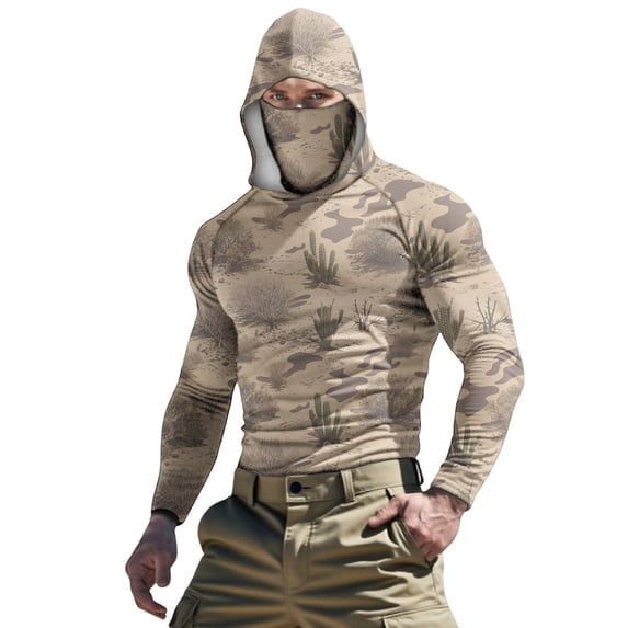Fishing Shirts for Men with Hood & Face Mask Mens Camouflage Hoodie Sun Protection Long Sleeve Muscle Shirt Workout