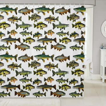 Fishing Shower Curtain 72x72, Big Pike Fish Retro Waterproof Bathroom Curtain, Fishing And Hunting Bath Curtain With Hooks, Vintage Rustic Animal Shower Curtain Sets