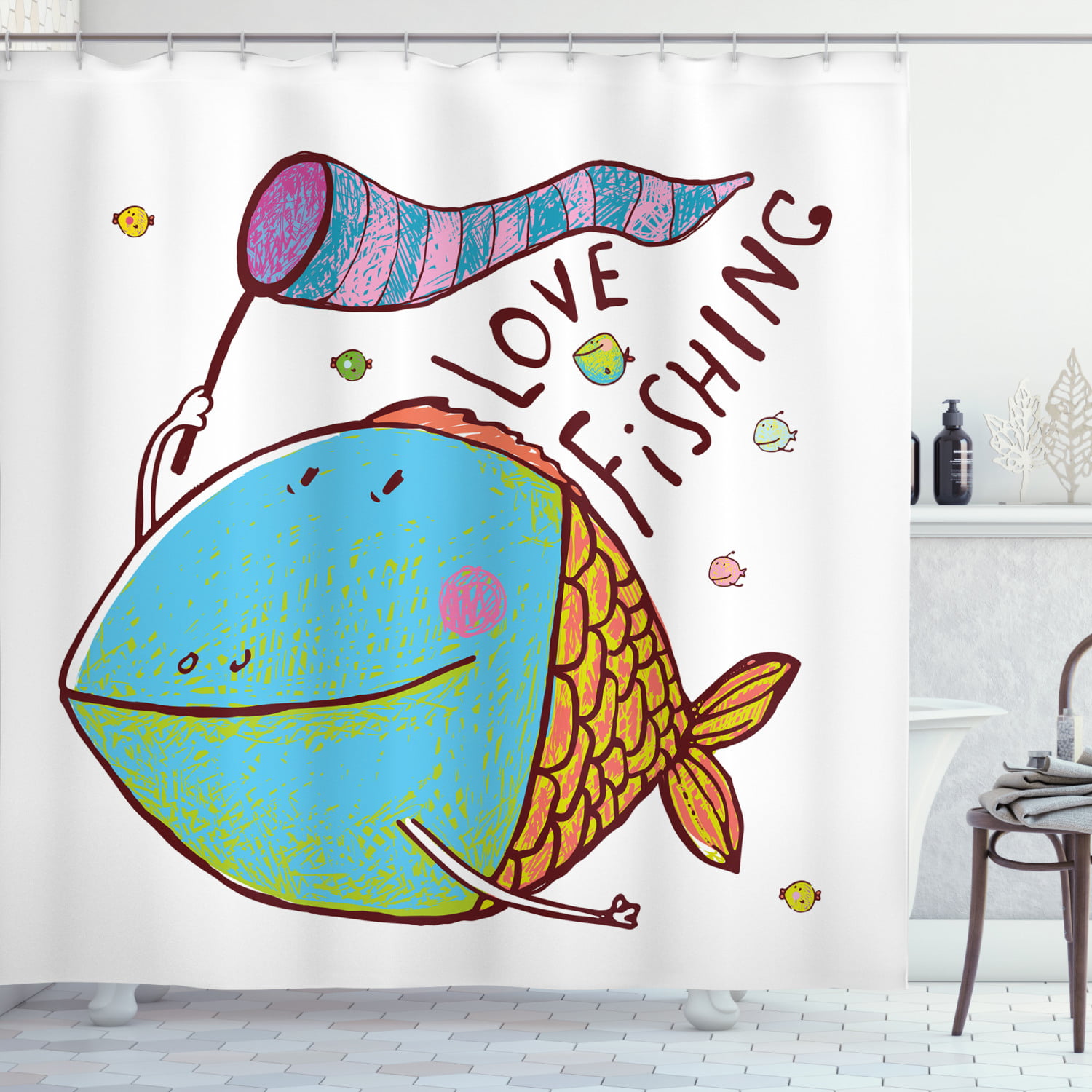 Ambesonne Fish Shower Curtain, Funny Cartoon Illustration, 69Wx70L,  Multicolor 