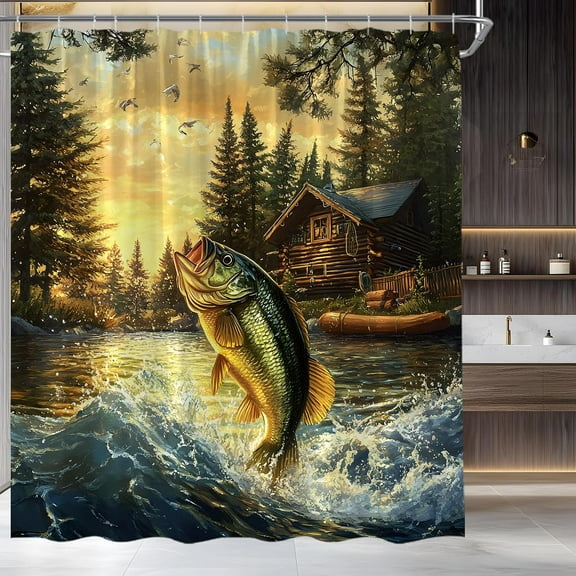 Fishing Shower Curtain Rustic Cabin Country Lodge Bass Fish Lake RV Farmhouse Hunting Camp Forest Nature Art Fabric Bathroom Decor Set-72"W x 72"L (Pack of 1)