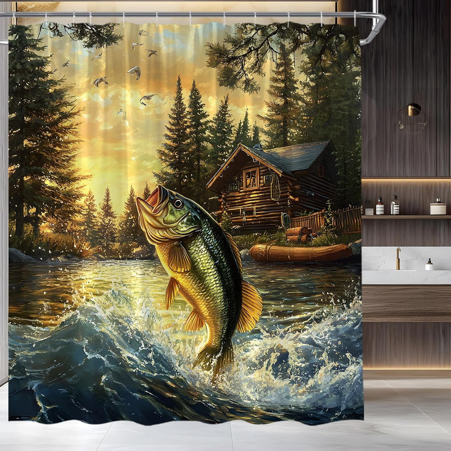Fishing Shower Curtain Rustic Cabin Country Lodge Bass Fish Lake RV