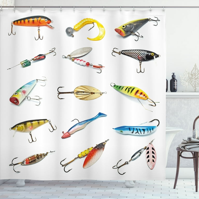 Fishing Shower Curtain, Several Fish Hook Equipment Objects Trolling  Angling Netting Gathering Activity, Fabric Bathroom Set with Hooks, 69W X  84L Inches Extra Long, Multicolor, by Ambesonne 