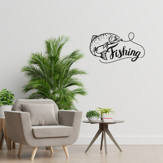 Fishing Signage Cool Fishing Signage Fish Fish Hook Fishing Tools Fish Pond Silhouette Art Drawing Vinyl Wall Art Wall Sticker Wall Decal Home Kids Recreational Fishing Décor Design Size (22x30 inch)