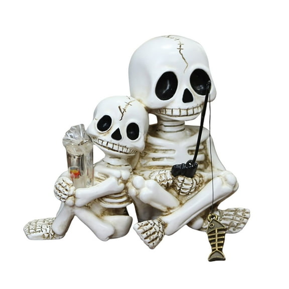 Fishing Skeleton Couple Statue - 3.54" Funny Resin Skull Figurines, Halloween Shelf Sitter Decor for Garden, Pond, Pool & Office Desk