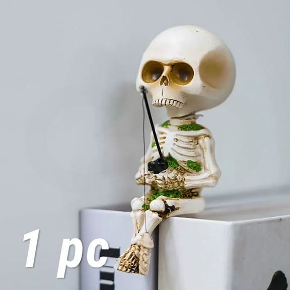 Fishing Skeleton Man Car Decoration, Halloween Skull Fisherman Resin Statue, Spooky Skeleton Figurine Ornament for Car, Home, Garden, or Office Dcor, Fun Halloween Gift