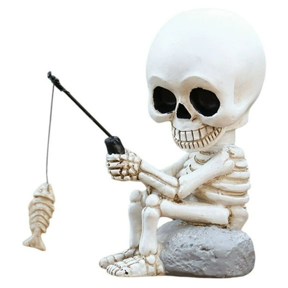 Fishing Skeleton Statue, 3.7 Inch Mini Skeleton Figurines Halloween Gothic Decor Resin Skull Fisher Sculpture for Home Office Desk Outdoor Garden Pond Fountain Poolside Waterfalls Decoration (White)