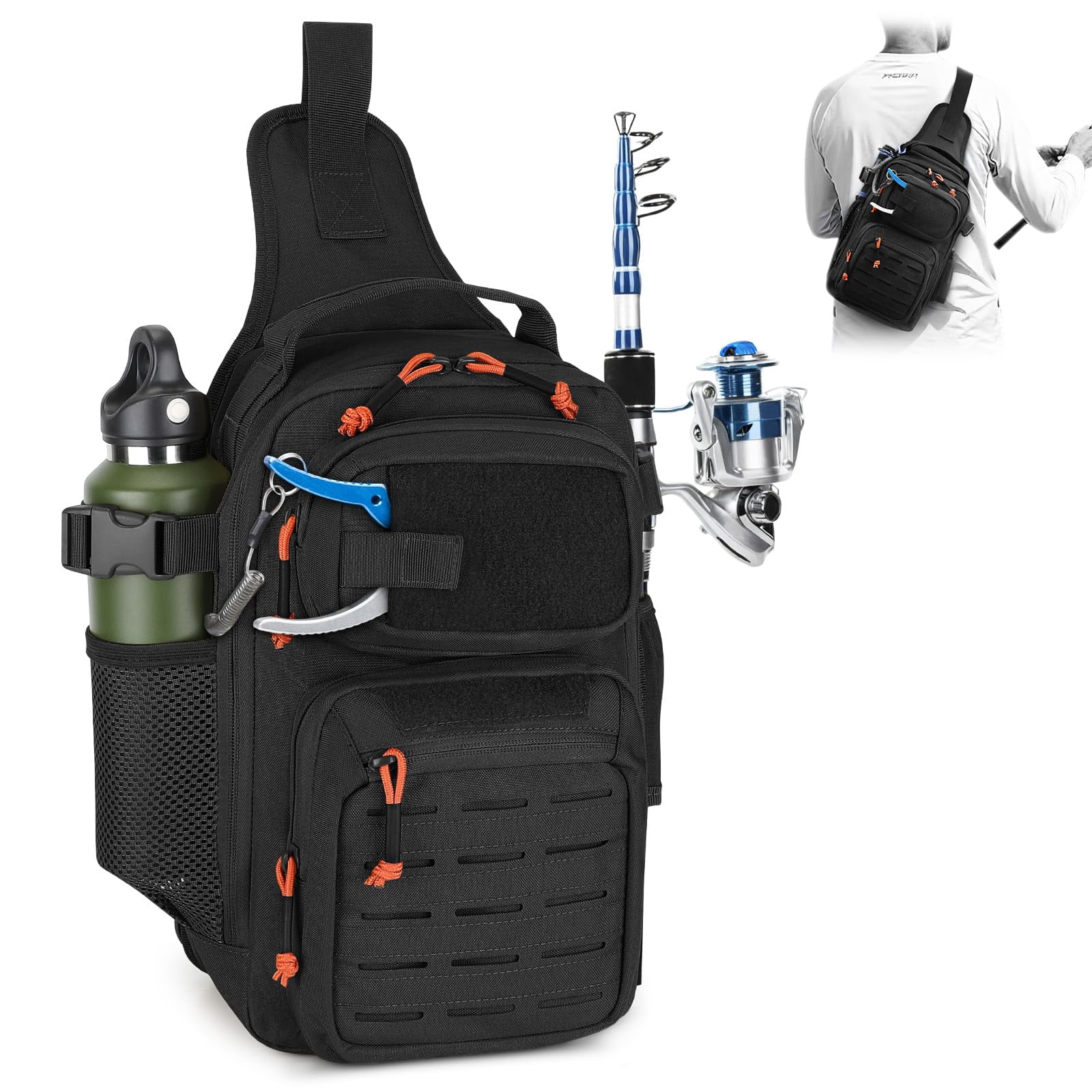 Fishing Sling Bag Lightweight Tackle Small Backpack Shoulder Bags With Rod Holder  Storge Gear And Equipment Gifts For Men (black)