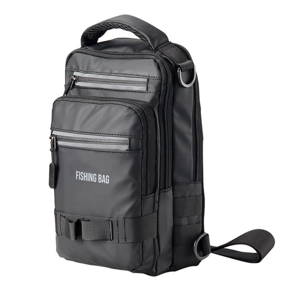 Fishing Sling Tackle Bag with Rod Holders, PVC Shoulder Backpack for Outdoor Anglers, Large Capacity Lure Storage with ABS Lock, Black