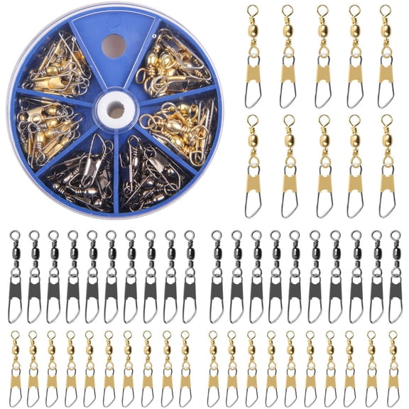 Fishing Snap Swivels Kit - 50pcs Barrel Swivels with Safety Snap Fishing Connector Swivel Snap with Solid Ring Fishing Tackle Accessories Box Kit, Black/Gold Size 6#,8#,10#
