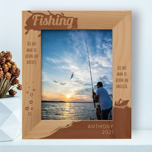 Fishing So No Man Is Born An Angler Personalized Wooden Frame 8" x 10" Brown (Vertical)