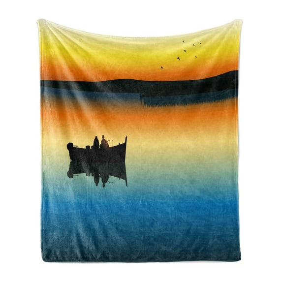Fishing Soft Flannel Fleece Blanket, Buddies on Tranquil Still Lake at Epic Sunset Fishing Male Friends Bond Friendship, Cozy Plush for Indoor and Outdoor Use, 70" x 90", Orange Blue, by Ambesonne