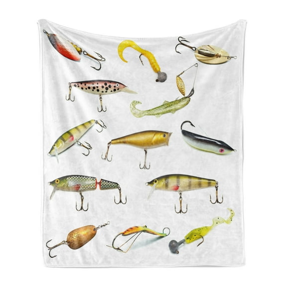 Fishing Soft Flannel Fleece Blanket, Fishing Tackle Bait for Spearing Trapping Catching Aquatic Animals Molluscs Design, Cozy Plush for Indoor and Outdoor Use, 70" x 90", Multicolor, by Ambesonne